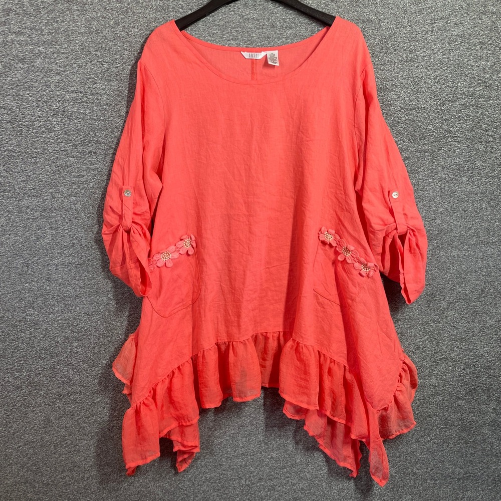 Kaktus Women Coral Pink Linen Blend Ruffle Hem Crochet Pocket Tunic Top Medium